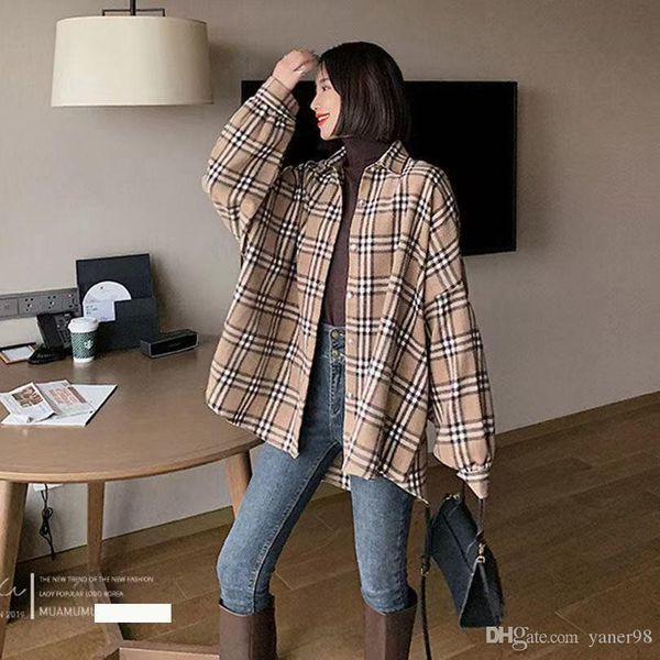 

fashionable new style, fuzzy plaid shirt printed plaid shirt coat, loose ground hair and thick lantern sleeve retro top, White