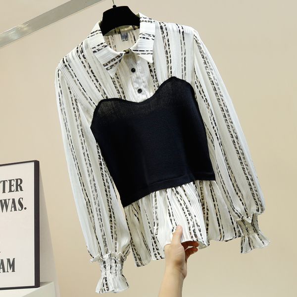 

fashion blouse women new knit panel lapel transparent shirt women's blouse woman ropa mujer ladies nancylim, White