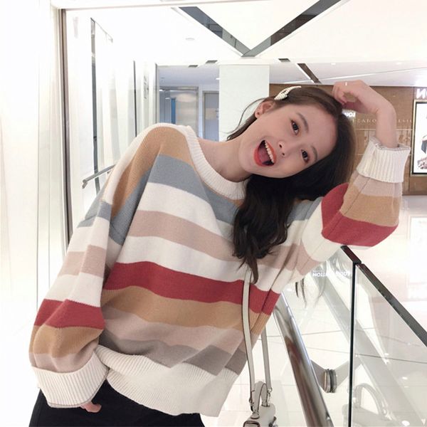 

rainbow striped o-neck women's pullovers sweater knitted loose korean style jumper female 2019 winter autumn christmas sweaters, White;black
