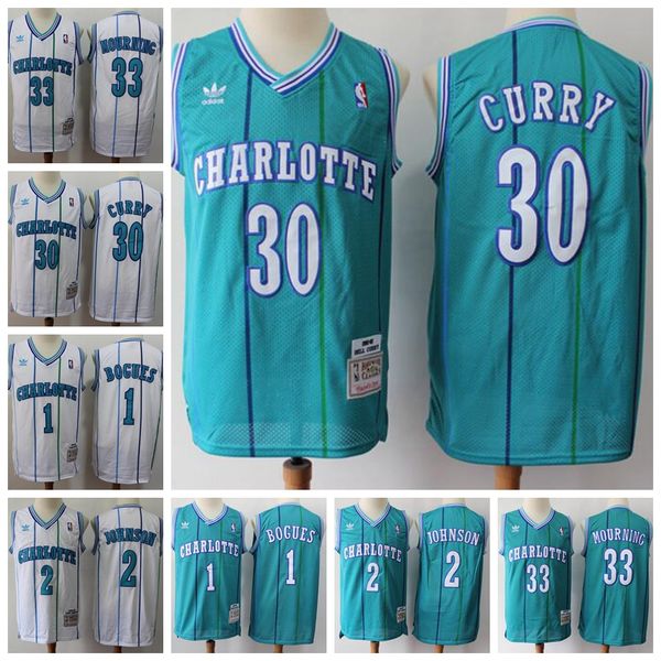 

men charlotte hornets larry johnson 30 curry 1 bogues 33 mourning mitchell & ness teal 1992-93 swingman jersey, Black;red