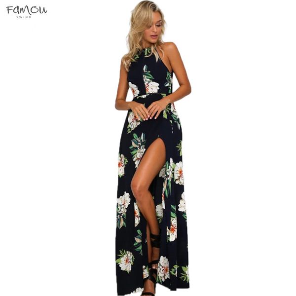 

New Floral Print Halter Chiffon Long Dress Women Backless Summer Maxi Dresses Vestidos Sexy 3 Colors Empire Femme Split Beach Dress