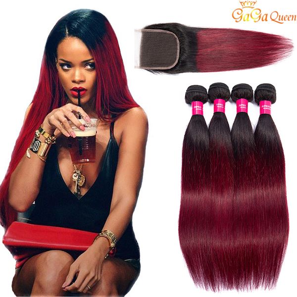 

two tone burgundy human hair bundles virgin peruvian malaysian straight ombre weaves with lace closure 1b 99j wine red colored extensions, Black;brown