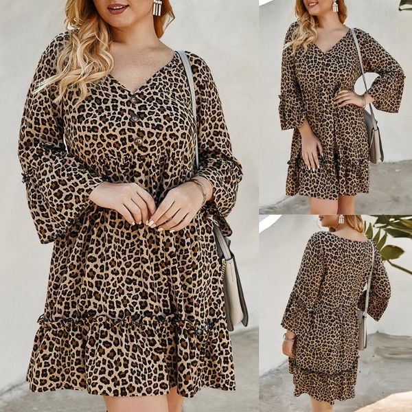 

women dress leopard print long sleeve v-neck plus size casual button sundress dress slim was thin vintage vestidos, Black;gray
