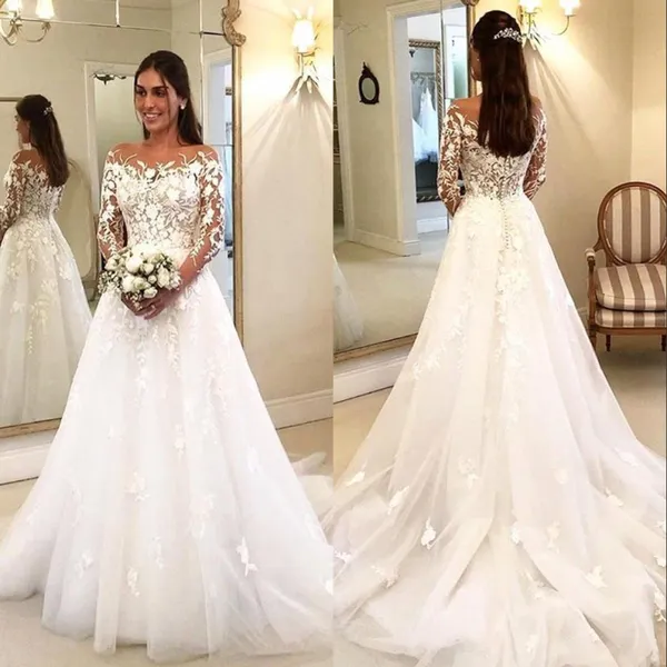 

new 3d appliques lace a line wedding dresses sheer neck long sleeves tulle classy bridal gowns brides dress vestido de novia, White