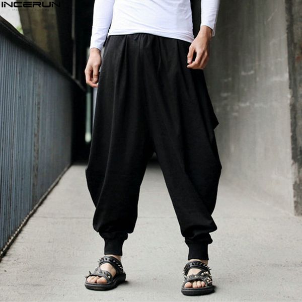 

incerun men's harem baggy pants men hakama linen casual wide leg mens pants japanese trousers men's cross-pants crotch pants 5xl v, Black
