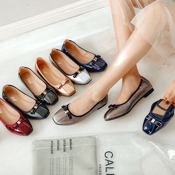 

crystal metal bow-tie folding ladies loafers shoes women slip on moccasins patent leather square toe flats gold&silver ballerina, Black