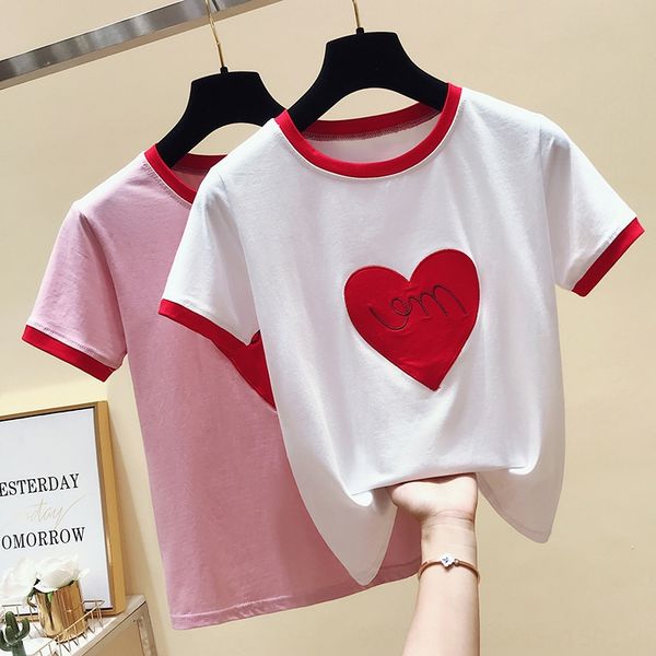 

round top вышивка воротник вышивка любовь короткий рукав футболка женская всего матча половина рукав сверху, White