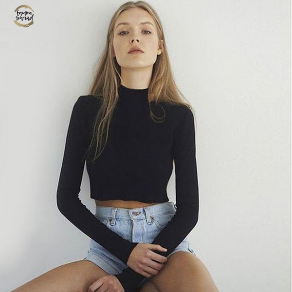 

women slim soft elastic turtleneck solid crop girl full sleeve short t-shirts tees drop shipping, White