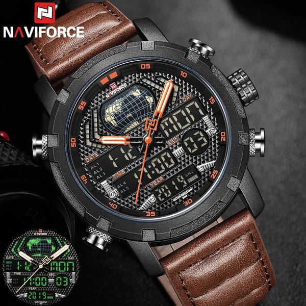 

naviforce часы men top brand luxury цифровой аналоговый спорт наручные часы military из натуральной кожи мужской часы relogio 9160 t200113 м, Slivery;brown