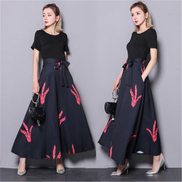 

2019 fashion women's sets summer elegant short sleeve t shirts high waist print skirts two-piece suits v596, White