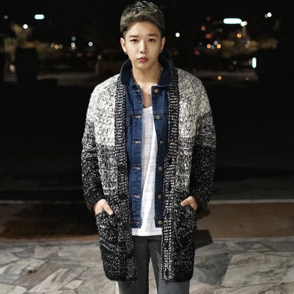 

new 2019 korean fashion contrast color men knitted sweater winter men sweater coarse wool twist cardigan, White;black