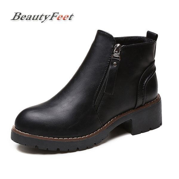 

2018 new style leather ankle boots round toe thick heels boots zipper warm winter women ladies shoes beautyfeet, Black