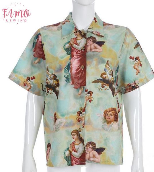 

womens clothing summer streetwear harajuku loose women casual angel turn down collar short sleeve floral shirt drop shipping, White