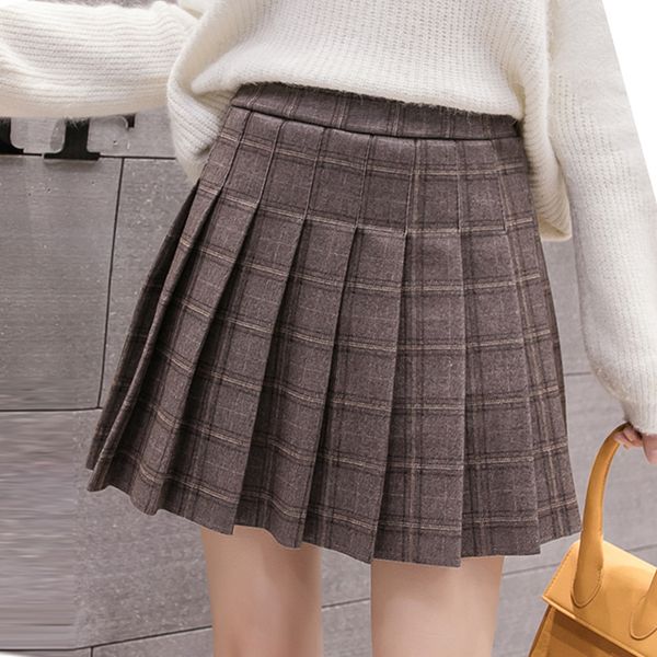 

woolen plaid high waist slim pleated skirt, Black