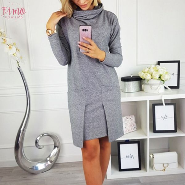 

women winter dress turtleneck long sleeve slim loose dress pullovers plus size polyester streetwear dressed as a woman, Black;gray