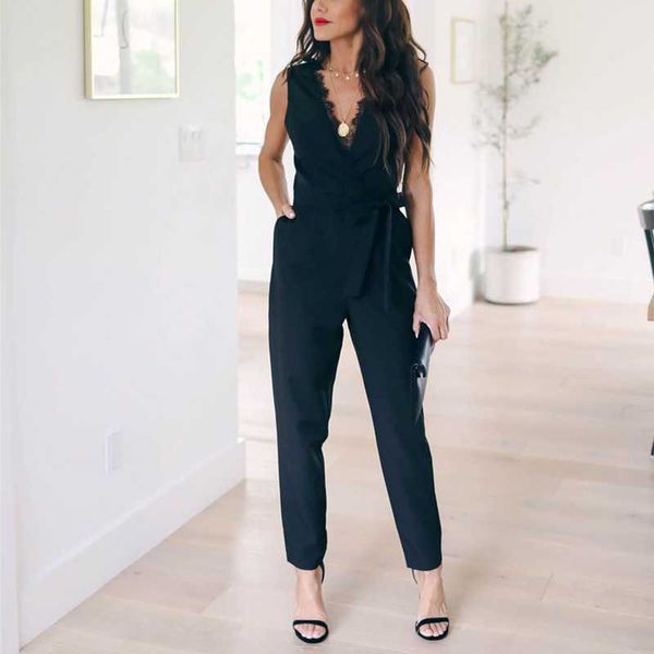 

fashion lace women jumpsuit with belt sleeveless 2020 summer new casual v-neck solid women black jumpsuits fashion female pants, Black;white