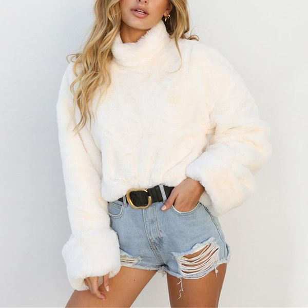 

2019 женская мода водолазка свитера с длинным рукавом мягкий плюш осень зима свободного покроя свитер толстый теплый пуловер из искусственно, White;black