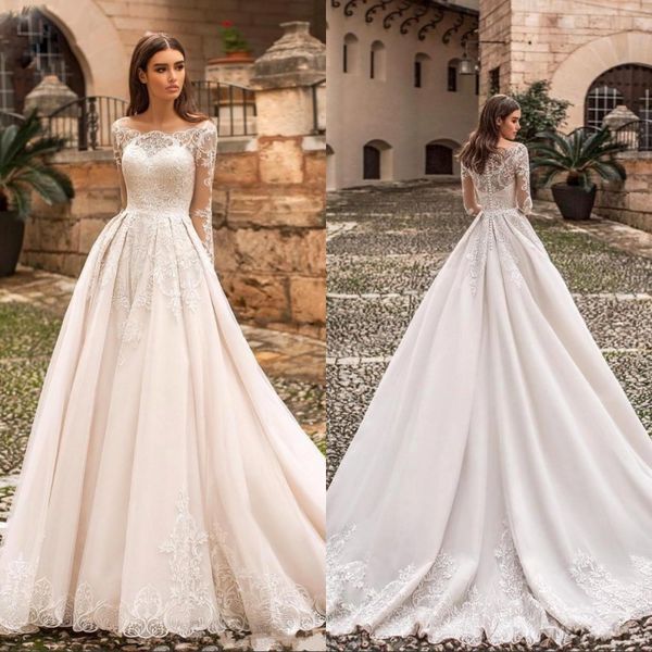 

vintage lace wedding dresses bateau neck appliqued long sleeves bridal gowns sweep train plus size vestido de novia, White