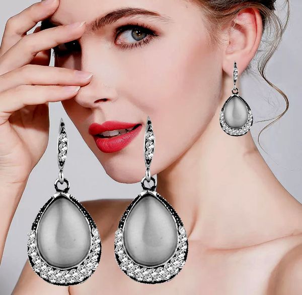 

sinleery vintage water drop white pink black opal stone dangle earrings for women antique silver color jewelry accessories es527