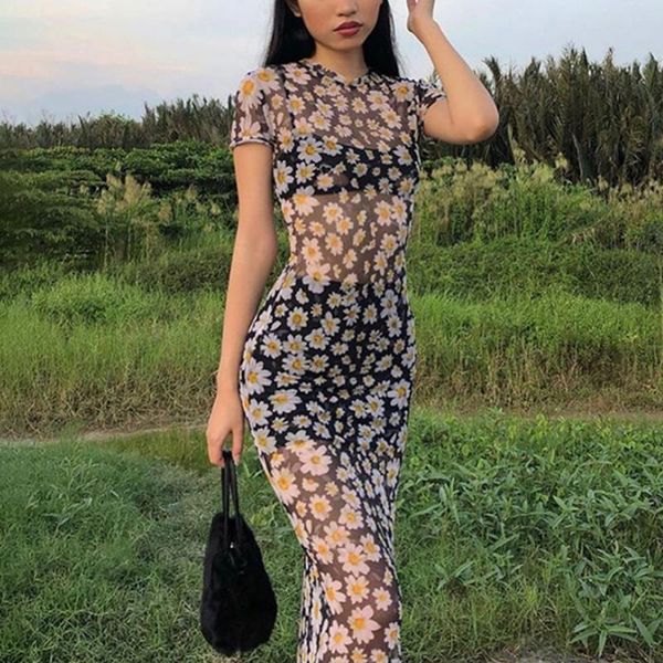 

women short sleeve maxi dress daisies print mesh see-through party dress summer streetwear outfits sundress plus size, Black;gray