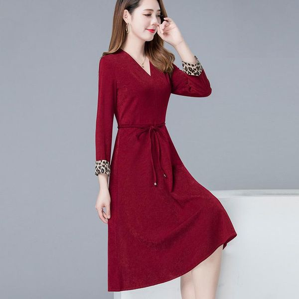 

fashion polyester plus size women dress leopard print cuff v-neck long sleeve autumn winter a-line dress elegant, Black;gray