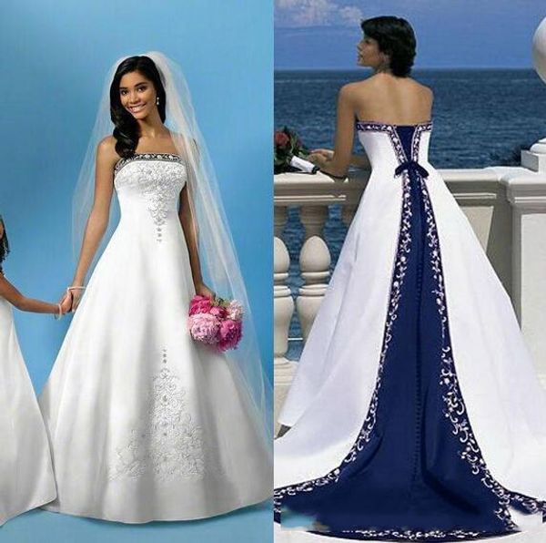 

2019 spring fall women strapless white & blue a line satin wedding dresses vintage court train embroidery beach bridal gowns custom made
