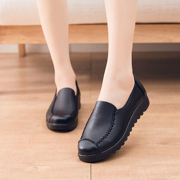 

brand casual ladies shoes genuine leather flat shoes women baleriny platform slip-on leather loafers women 365, Black