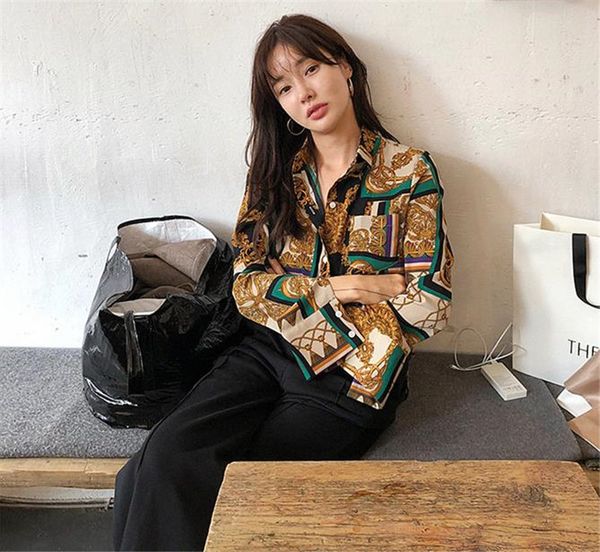 

Spring Female Digital Printed Blouse Casual Female Lapel Neck TShirts Fashion Designer Chiffon with Button Clothes