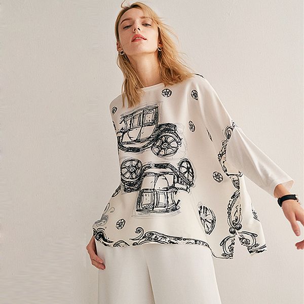 

blouse women plus sizes simple design 100% silk patch modal o neck drop-shoulder modal sleeves loose new fashion, White