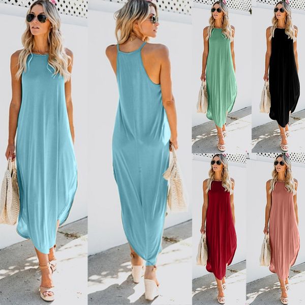 

women dress summer casual boho long maxi evening party beach dress vest sundress stamp comfortable long dress, Black;gray