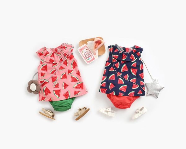 

2020 summer clothes baby girls sleeveless watermelon t-shirts + short 2pcs outfits children suit sets, White