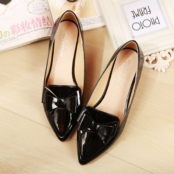 

весна обувь 2020 новое лето с плоским днищем soft sole flats сладкий боути сплошной цвет лакированной кожи женские остроконечные, Black