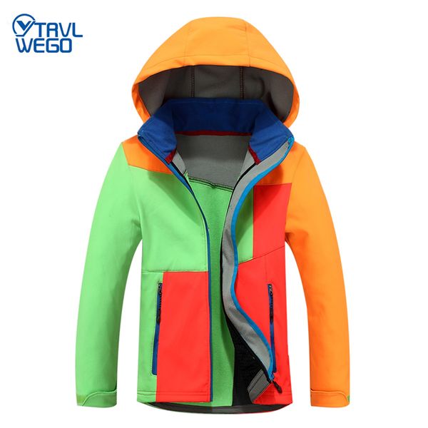 

trvlwego autumn winter children coat camping hiking ski jacket boy girl windproof waterproof outdoor removed hood fleece jacket, Blue;black