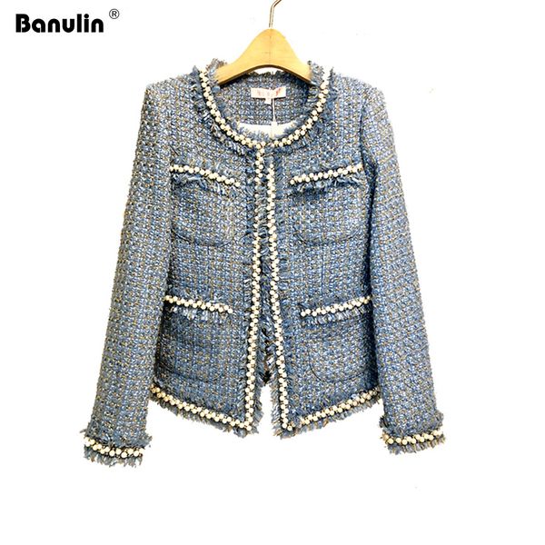 

banulin blue tweed thicker jacket coat 2019 autumn women's beading long sleeve woolen trim tassels pearl pocket runway jacket, Black