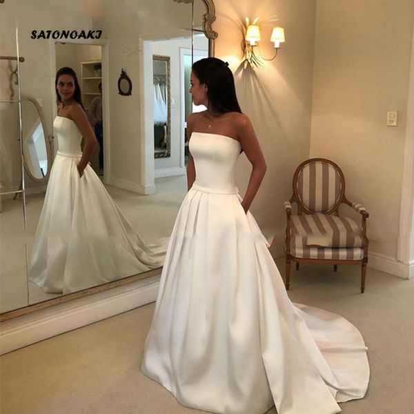 

satonoaki boho a-line wedding dresses strapless satin draped bridal dress bow sashes vestidos de noiva with pocket sale