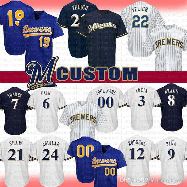 

22 Christian Yelich Milwaukee Custom Brewers Baseball Jersey 19 Robin Yount 6 Lorenzo Cain 8 Braun Thames Arcia Pina Aguilar Rodgers Broxton