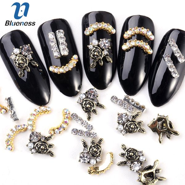 

10 pcs/pack stick/arch/flowers design rhinestone decoration for nails metal alloy jewelry nail charms manicure 3d nail art diy, Silver;gold
