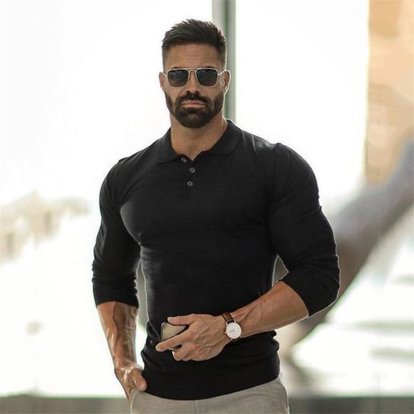 

brand running polo shirt men new autumn fitness long sleeve cotton polo shirt gym workout sweat t-shirts bodybuilding clothing, Black;blue