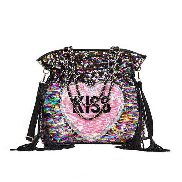 

fashion chain women big tote bag 2018 new quality pu leather handbags large capacity sequins women bag hit color shoulder