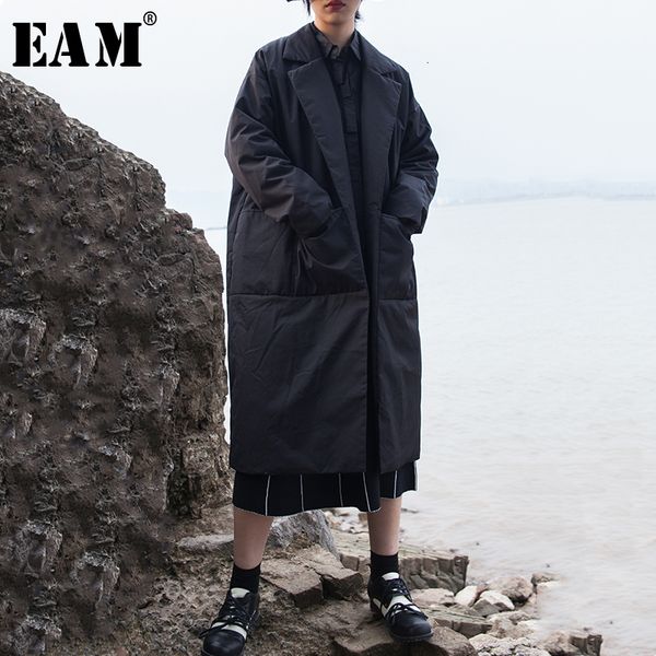 

eam] pocket split big size cotton-padded coat long sleeve loose fit women parkas fashion tide new autumn winter 2019 19a-a341, Black