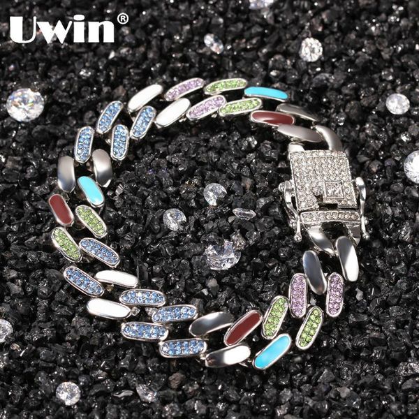 

link, chain uwin hiphop jewelry 12mm colorful dripping oil bracelet curb miami cuban mens hip hop thick silver plated rhinestone link, Black