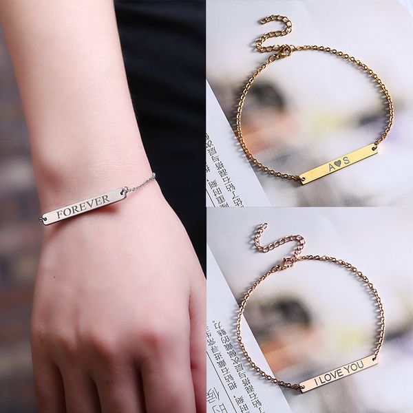 

engraved double sides customized name bar chain bracelet id tag stainless steel bracelets for lover valentines day baby girls, Golden;silver