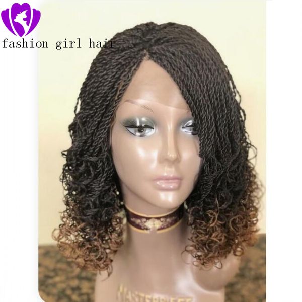 Alta Qualidade Ombre Castanho Cor Curta Kinky Twist Wig Natural Twist Tranças Rendas Front Wig com Dicas Curly para Mulheres Negras