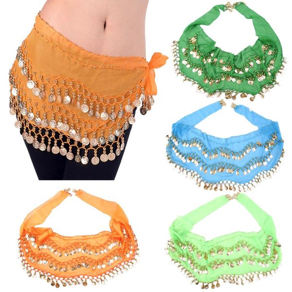 

3 rows 128 gold coins belly dance costume hip scarf skirt belt wrap waist chain 150*20cm colorful, Black;red