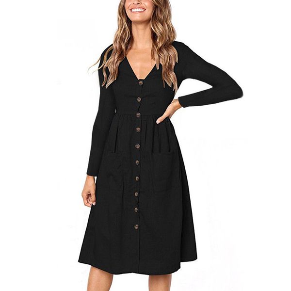 

autumn women midi dress 2018 gothic solid button long sleeve ladies casual dresses elegant dress women clothes vestidos, Black;gray