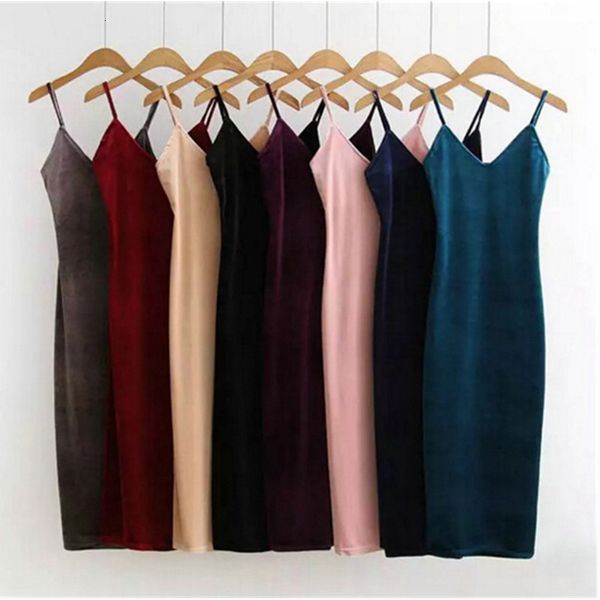 

backless v neck sleeveless side slit velvet dress vintage women bm velour spaghetti strap base dress 8 color designer clothes, Black;gray