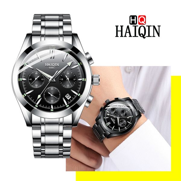 

haiqin men's watches 2019 fashion men's quartz brand stainless steel waterproof sports clock deluxe gift relogio masculino, Slivery;brown