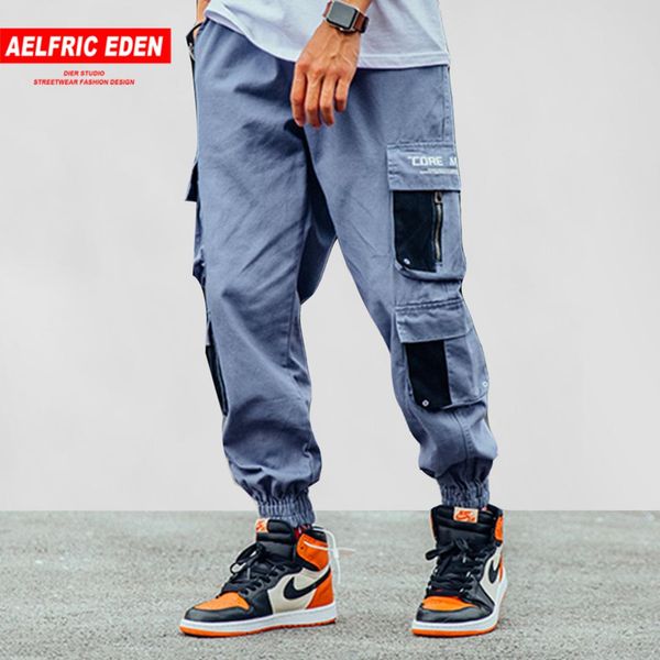 

aelfric eden denim harem joggers men 2019 fashion soft jeans hip hop streetwear pockets cargo pants patchwork causal trousers, Black