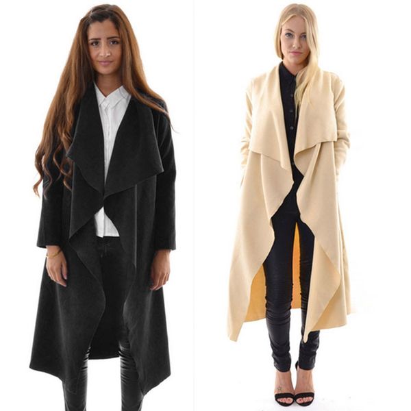 

selling stylish large lapel loose-fit jacket-style western style explicit thin long coat cardigan concise trench coat, Black