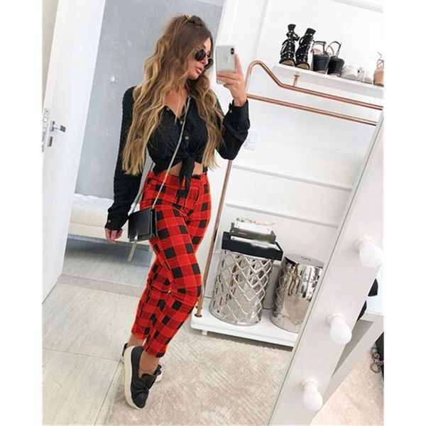 

мода женские дизайнерские брюки клетчатые контрастность печати цвет женщин тощие брюки повседневные женские брюки карандаш, Black;white